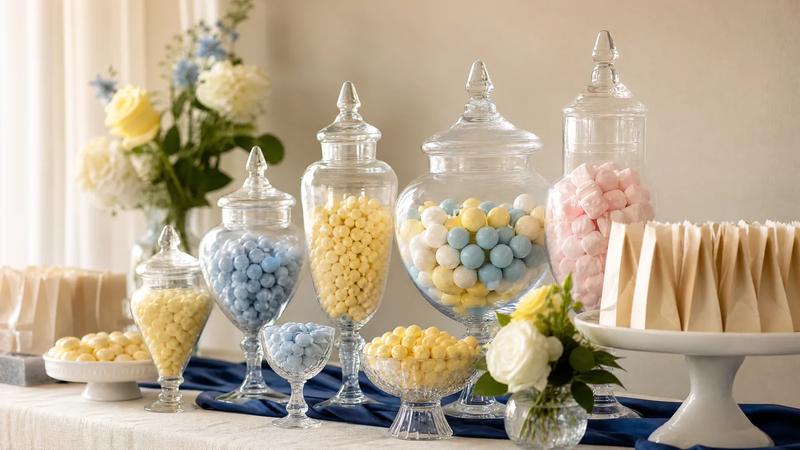 Elegant candy buffet table with graduated glass jars of pastel sweets and small paper bags.
