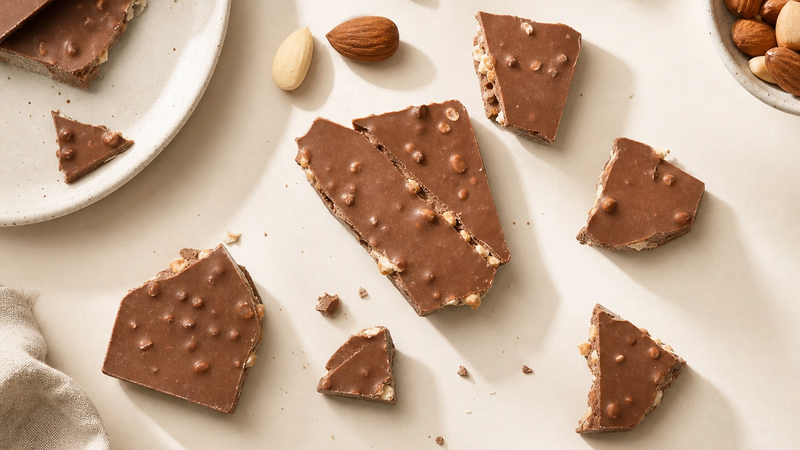 Pieces of almond-caramel milk chocolate bar