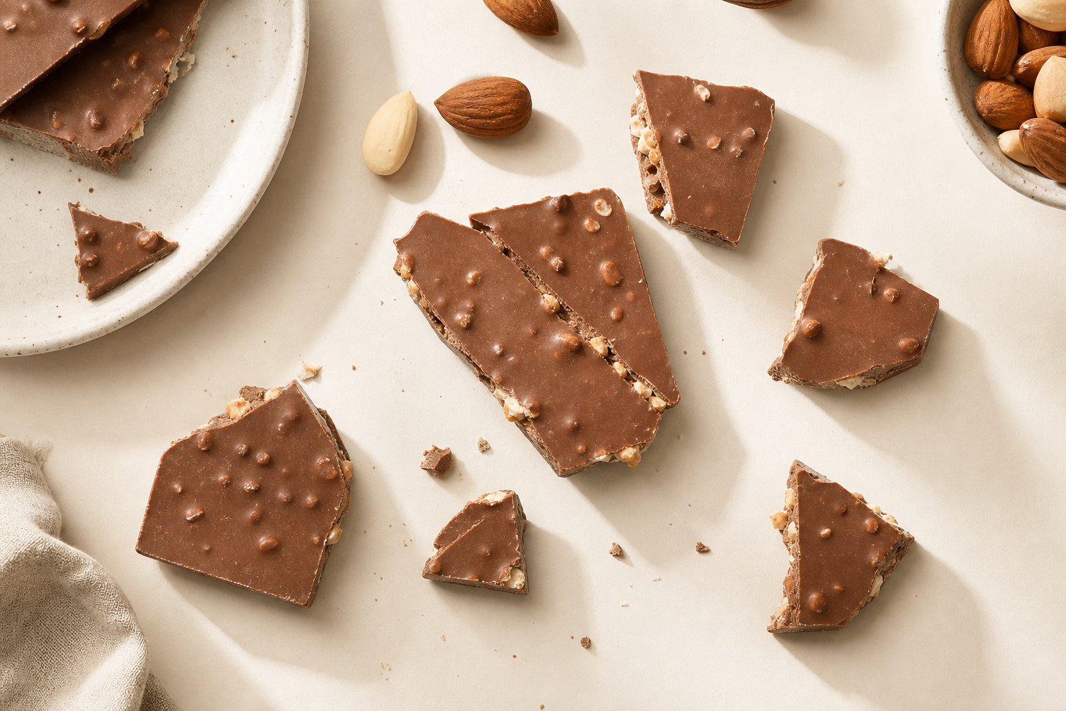 Pieces of almond-caramel milk chocolate bar