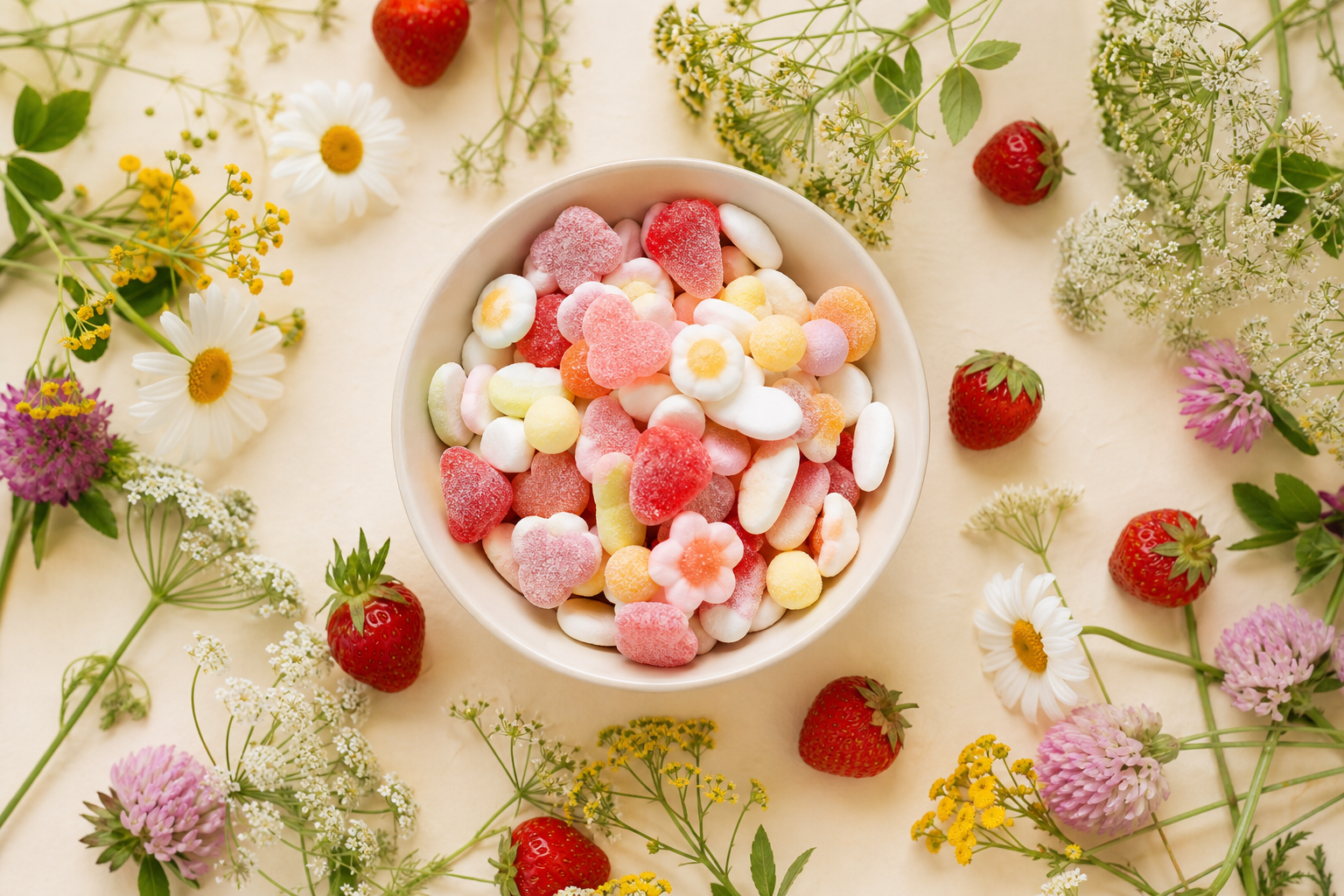 A bowl of candy with summer flowers and strawberries