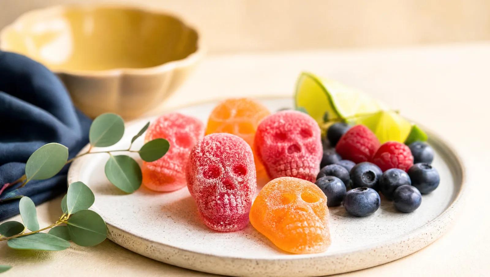 Sugared skull gummies beside fresh fruit and a small plant sprig, clean and bright.