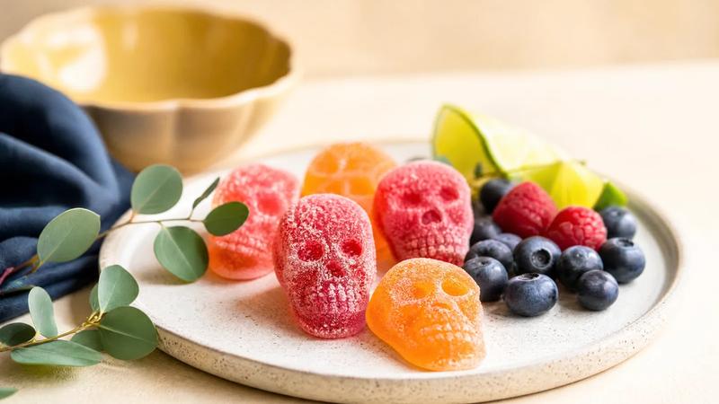 Sugared skull gummies beside fresh fruit and a small plant sprig, clean and bright.