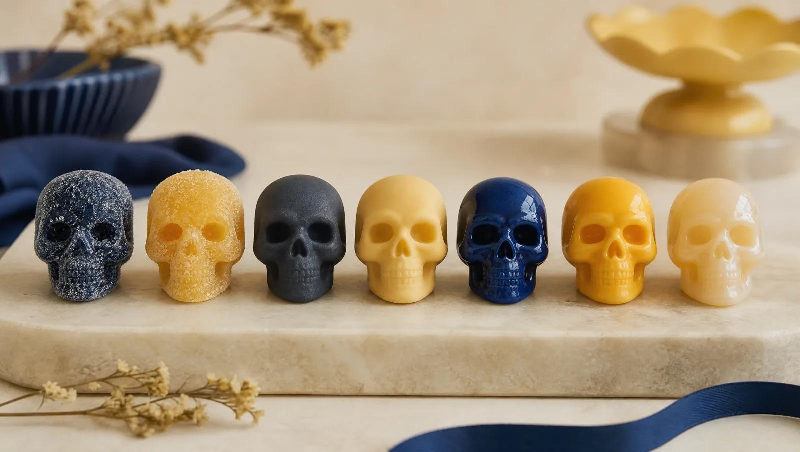 Skull-shaped sweets in several finishes, sugared, matte and glossy, lined up for comparison.