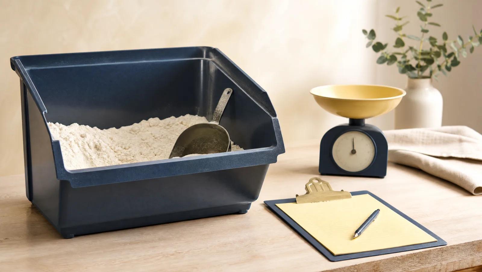 Half-empty scoop bin beside a clipboard and a small set of scales, stocktake scene.