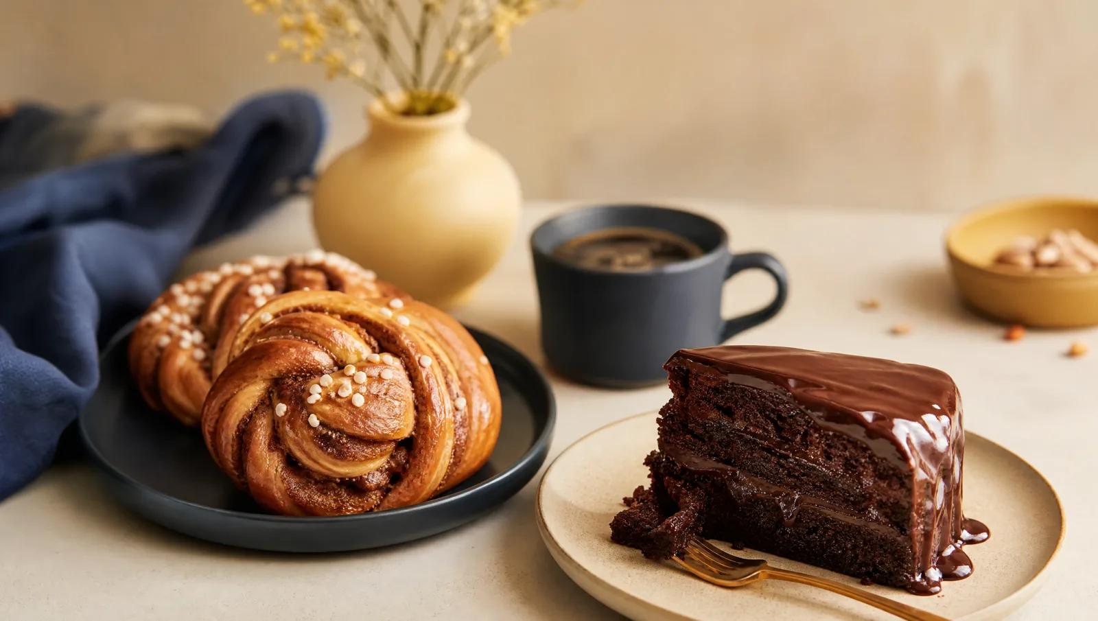 Cinnamon buns, a slice of sticky chocolate cake and coffee on a cream table.