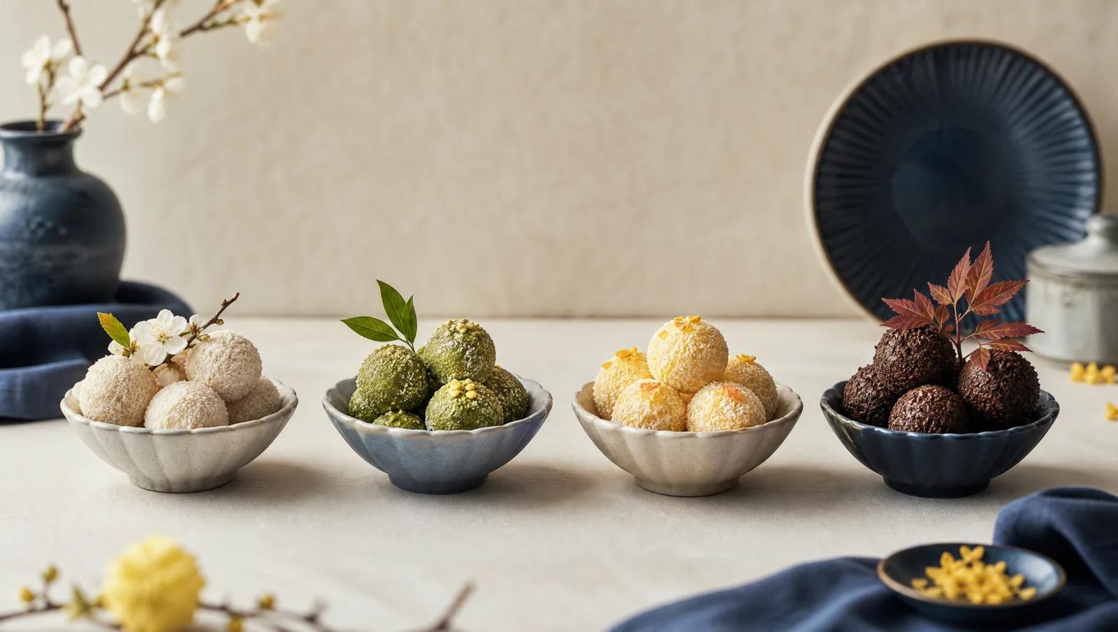Four small bowls of sweets in a row suggesting four seasons, restrained palette shifts.