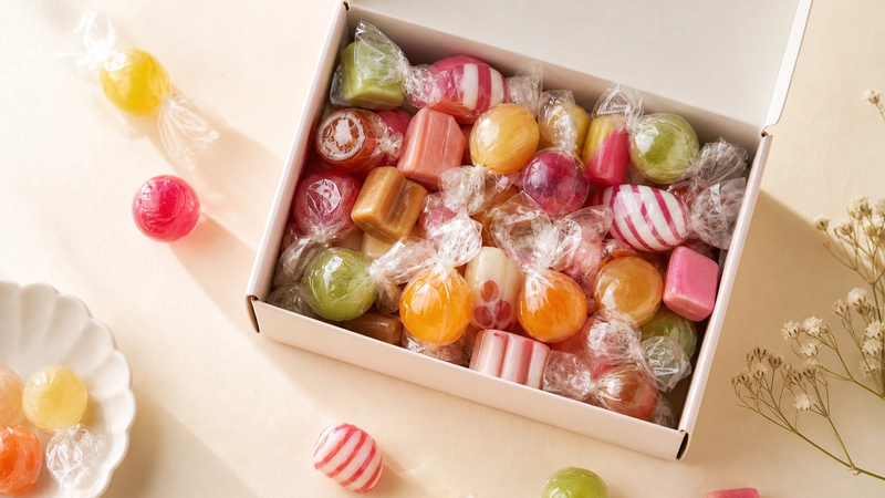 A care-package box of assorted candy