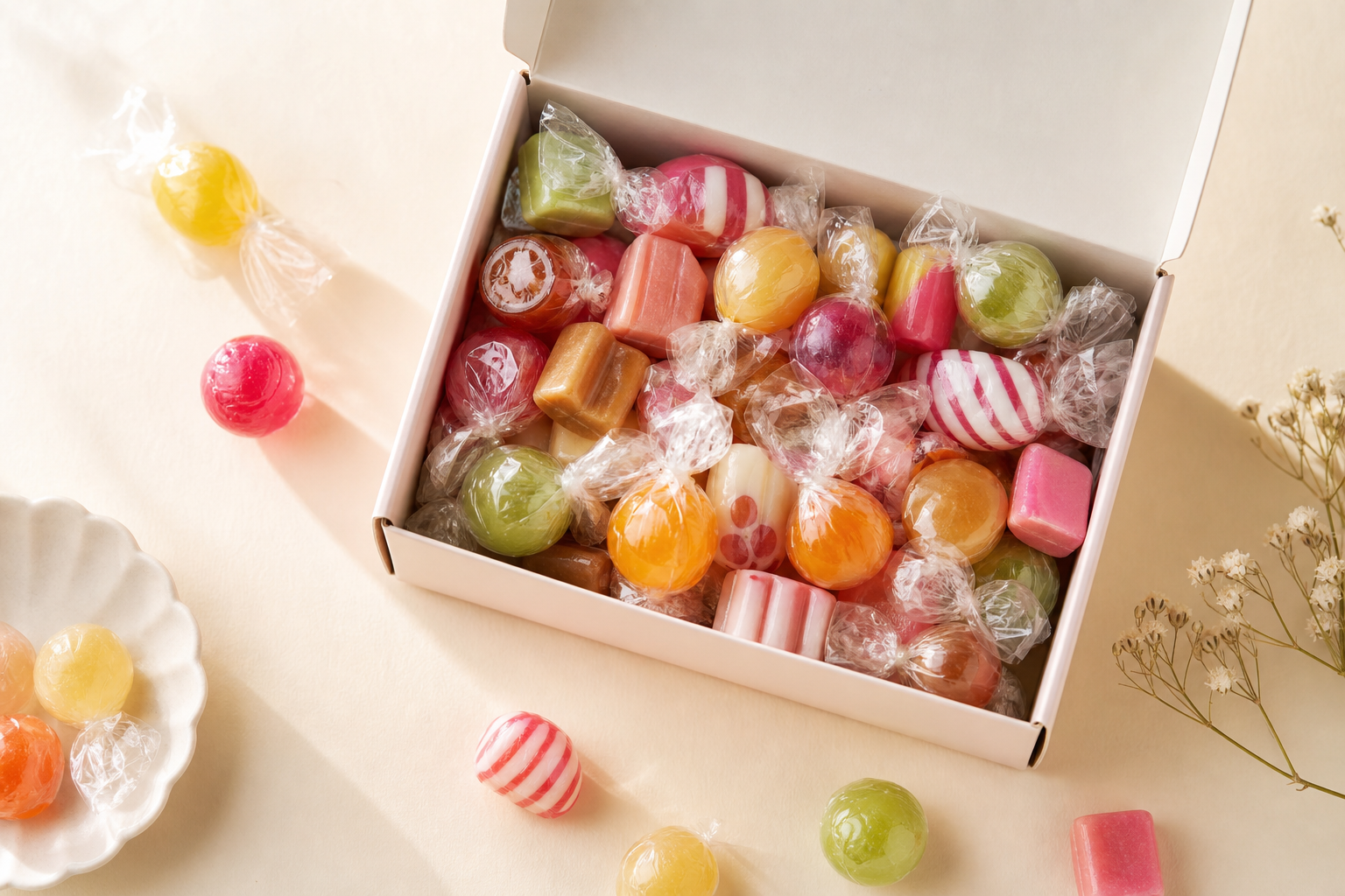 A care-package box of assorted candy