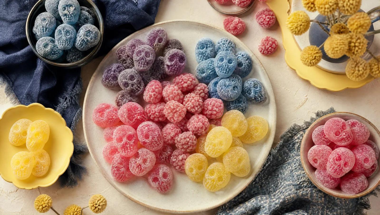 Overhead spread of sugar-dusted sour skull gummies and raspberry foam pieces grouped by colour.