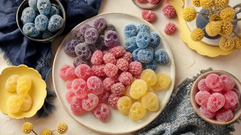 Overhead spread of sugar-dusted sour skull gummies and raspberry foam pieces grouped by colour.