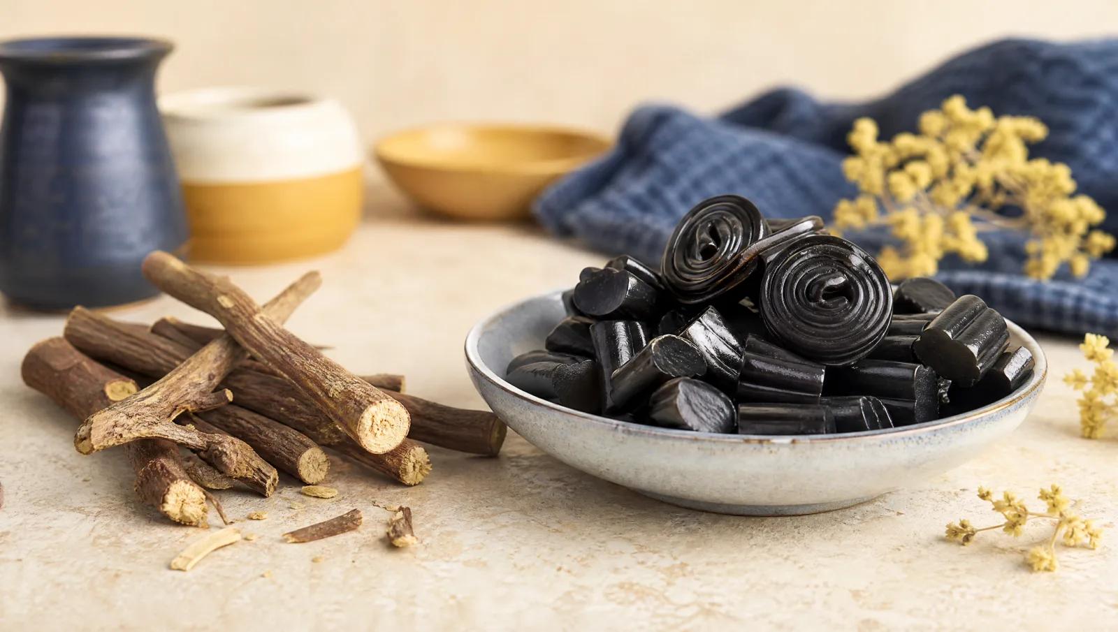 Dried licorice root beside finished black licorice sweets, an ingredient-to-product arrangement.
