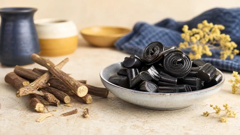 Dried licorice root beside finished black licorice sweets, an ingredient-to-product arrangement.