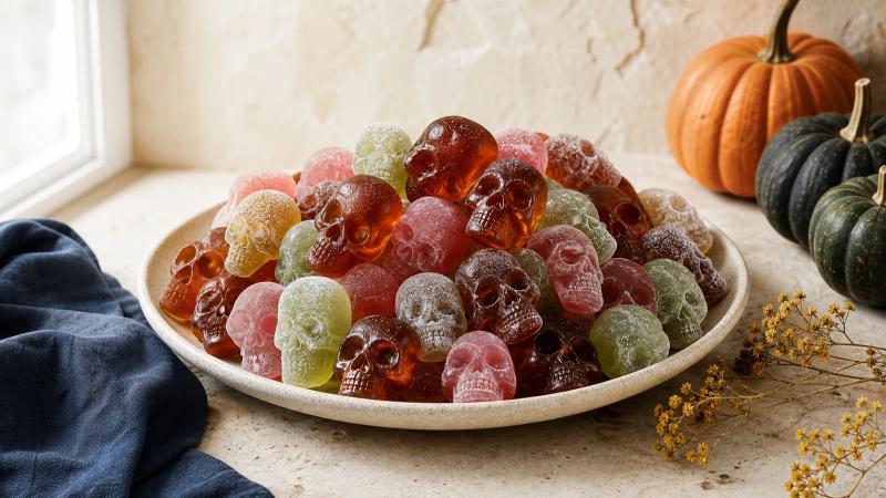 Glossy skull-shaped gummies in cola, pink and sour green with small pumpkins on a cream stone surface.