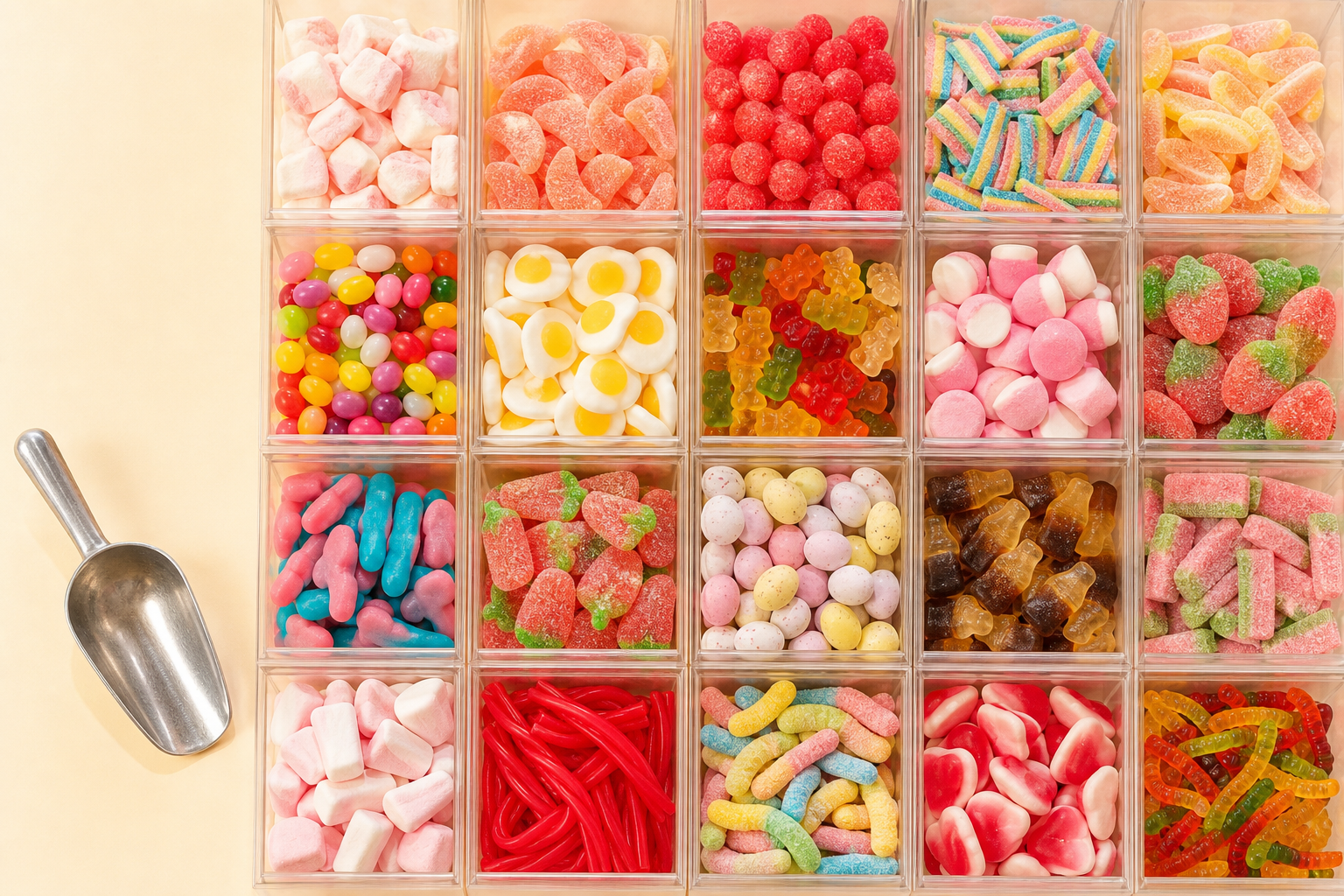A pick-and-mix candy wall with a scoop