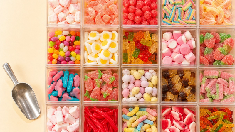 A pick-and-mix candy wall with a scoop