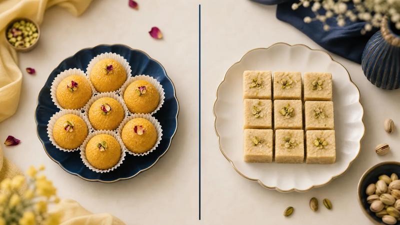 Two neat groups of sweets separated by a thin navy line down the centre, overhead comparison.