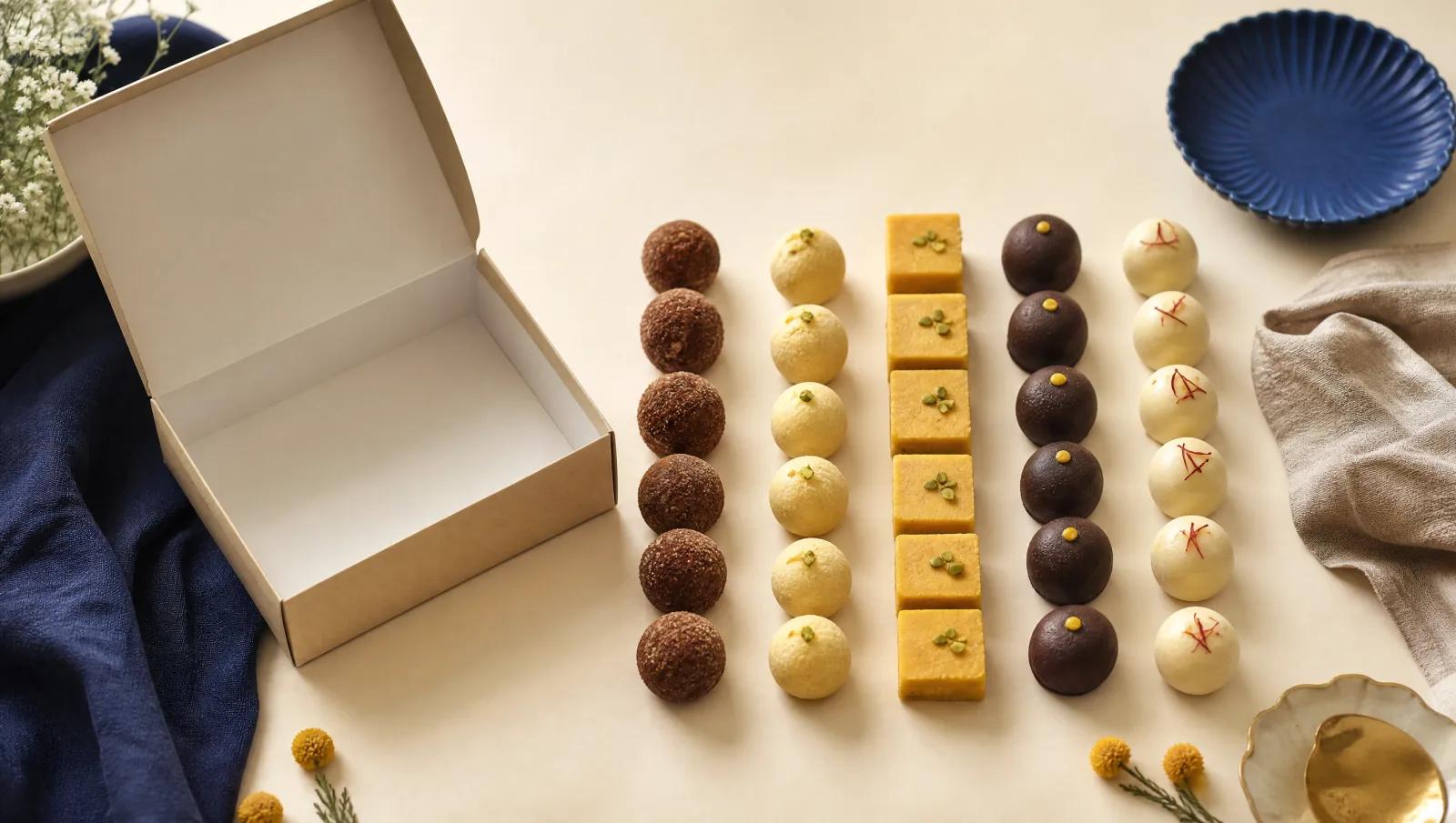 Sweets counted into tidy rows beside an open plain carton, overhead counting scene.