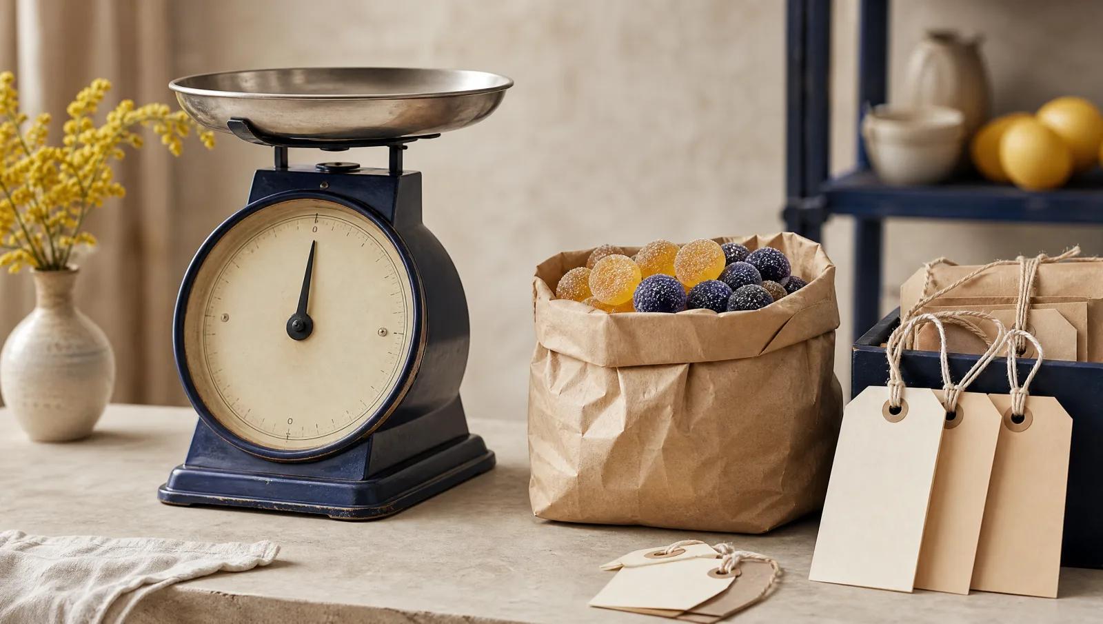 Weighing scale, paper bag of sweets and blank price tags on a shop counter.