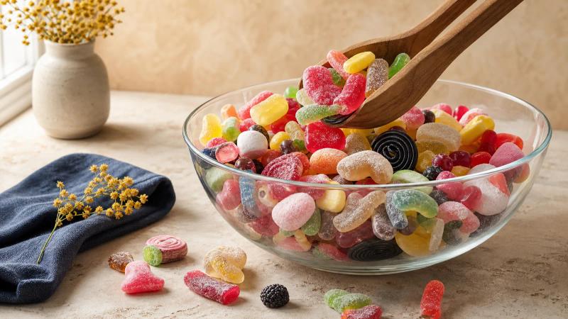 A glass salad bowl piled with mixed gummies, foam and sour candy, with wooden tongs lifting a portion.