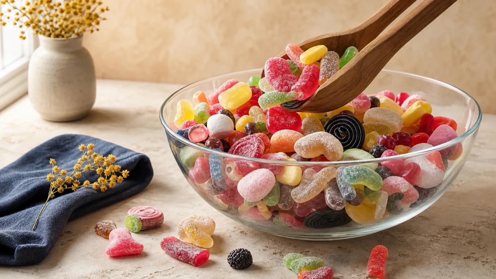 A glass salad bowl piled with mixed gummies, foam and sour candy, with wooden tongs lifting a portion.