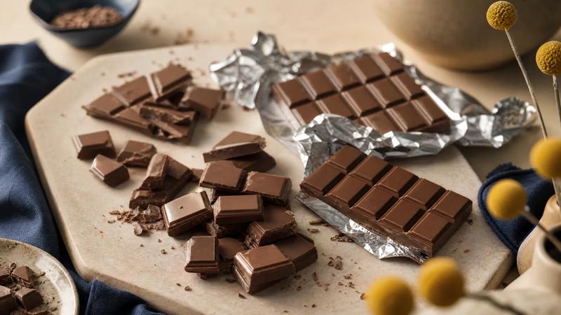 Broken squares of milk chocolate fanned across cream with a few whole bars unwrapped in plain foil.