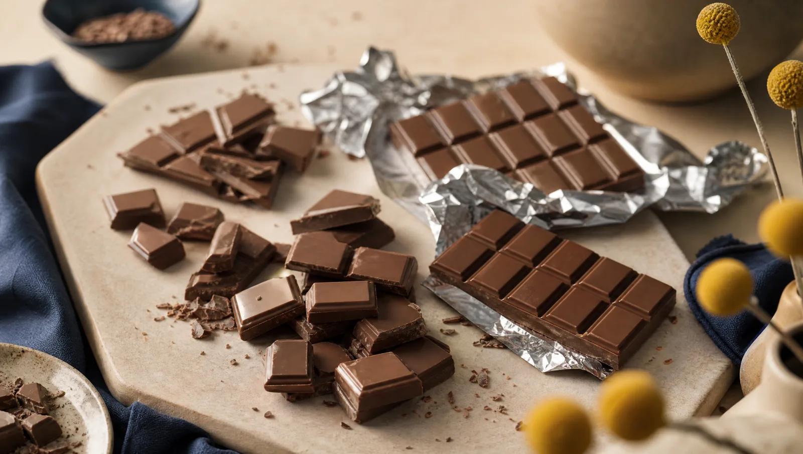 Broken squares of milk chocolate fanned across cream with a few whole bars unwrapped in plain foil.