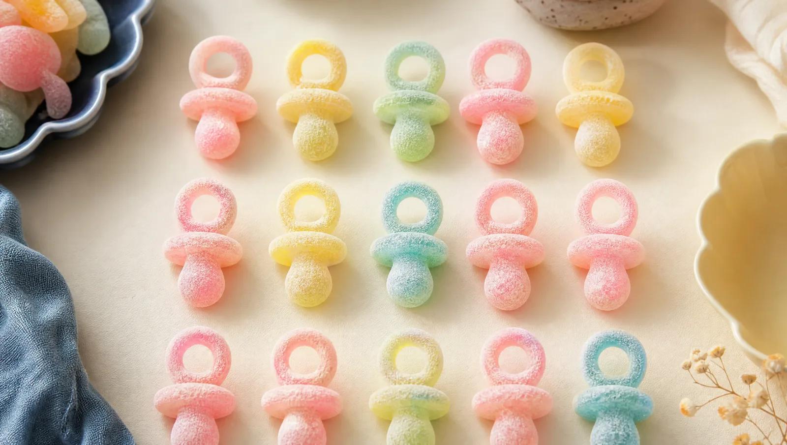 Sugar-dusted pacifier-shaped sour sweets in pastel colours, overhead in rows.