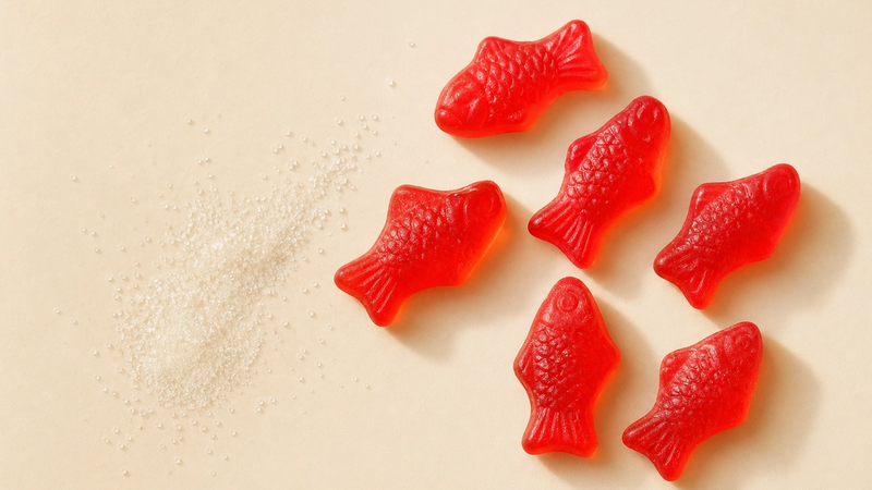 Red Swedish Fish candies beside sugar