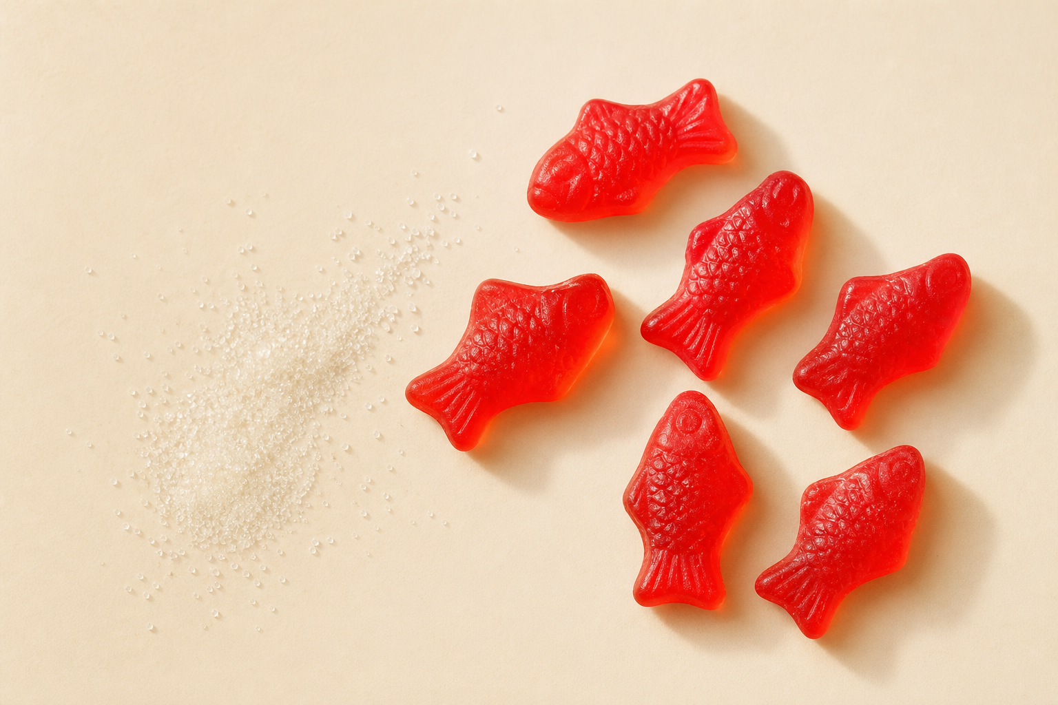Red Swedish Fish candies beside sugar
