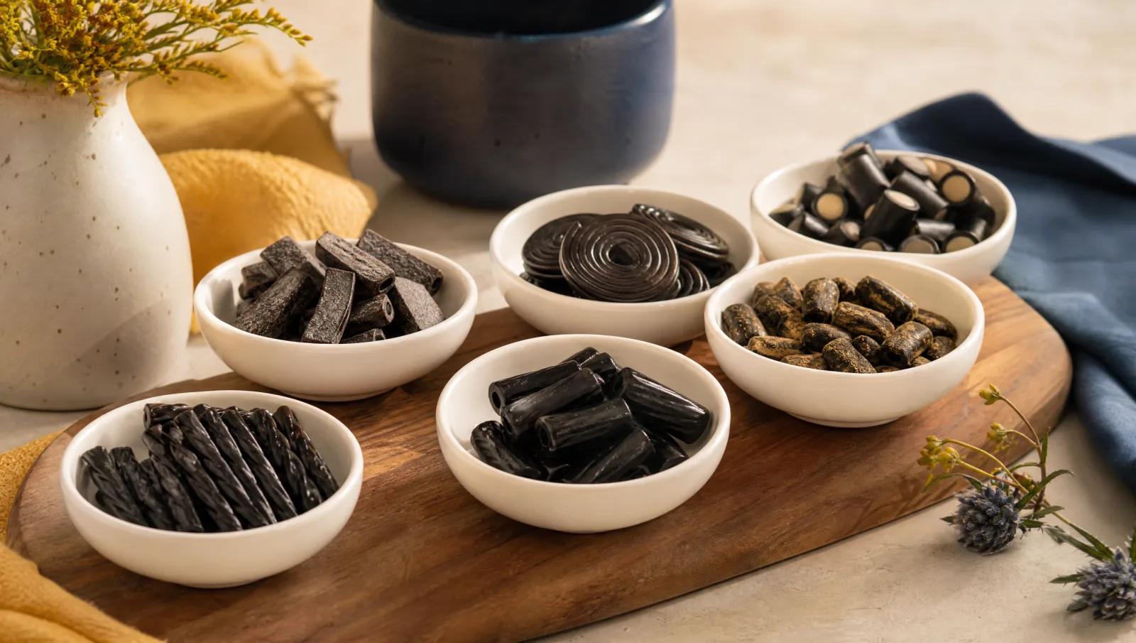 Several distinct licorice styles in small numbered white dishes arranged for tasting.