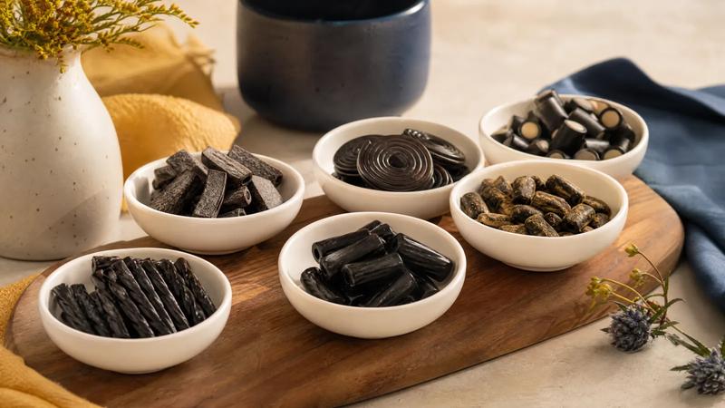 Several distinct licorice styles in small numbered white dishes arranged for tasting.