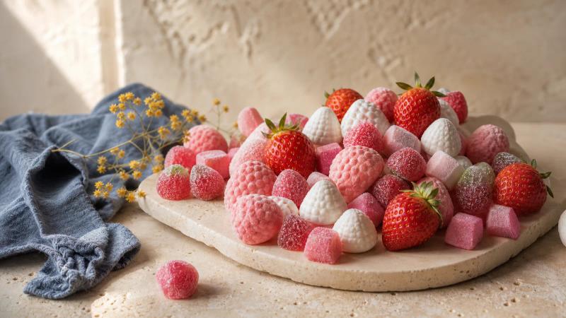 Pink foam strawberries, sour strawberry gummies and fresh strawberries arranged on a cream stone board.