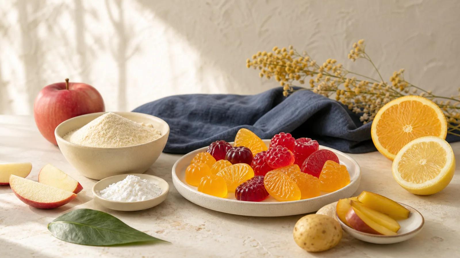 Glossy vegan gummies beside plant ingredients: pectin, apple, citrus, potato starch and a green leaf.