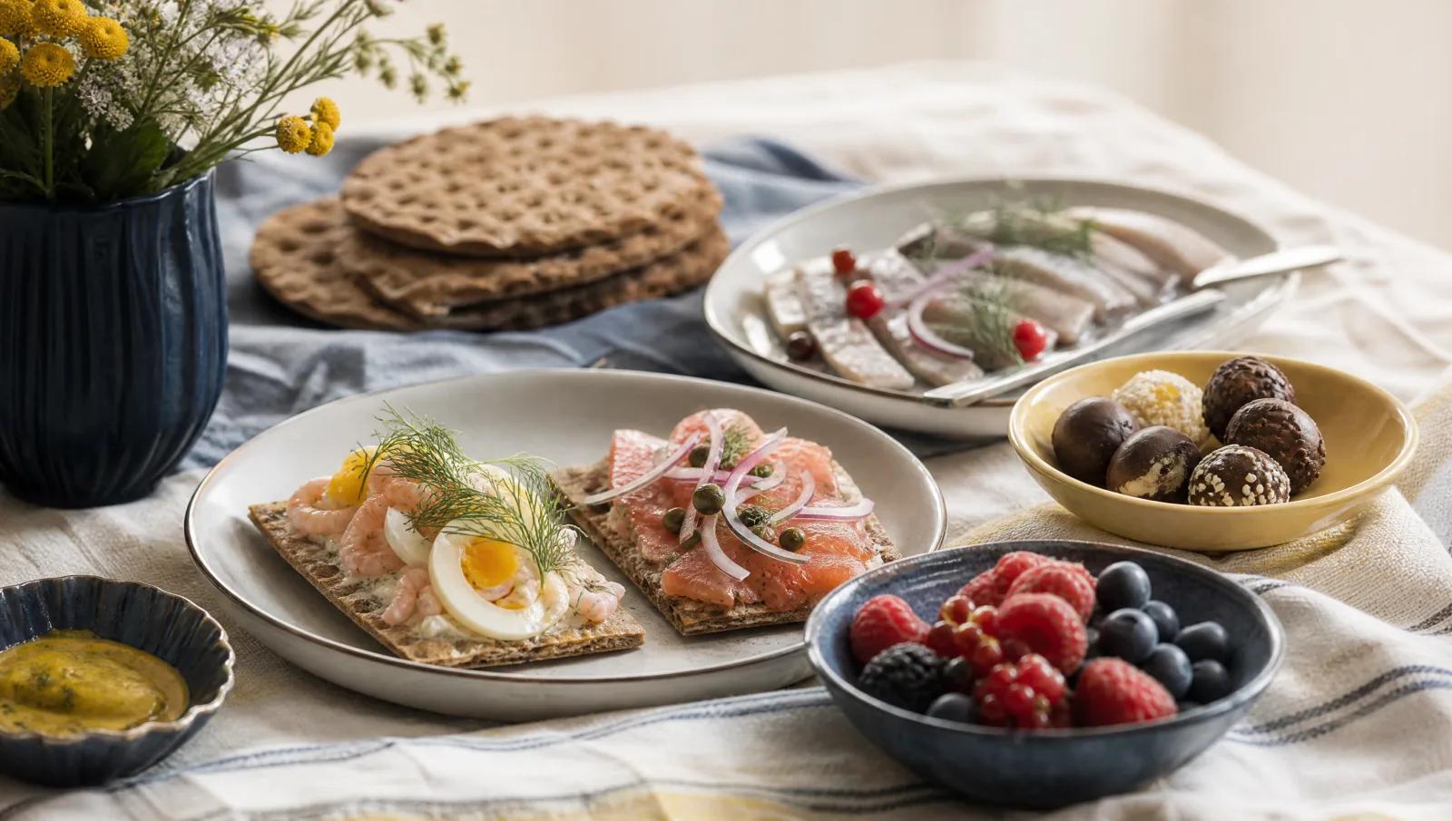 Nordic table spread with crispbread, cured fish, berries and a small dish of sweets.