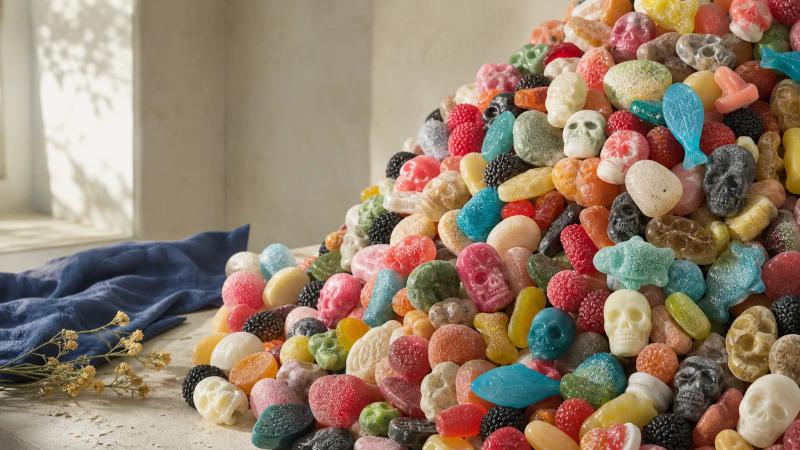A swirling heap of colourful Swedish pick-and-mix candies styled like a candy wall display.
