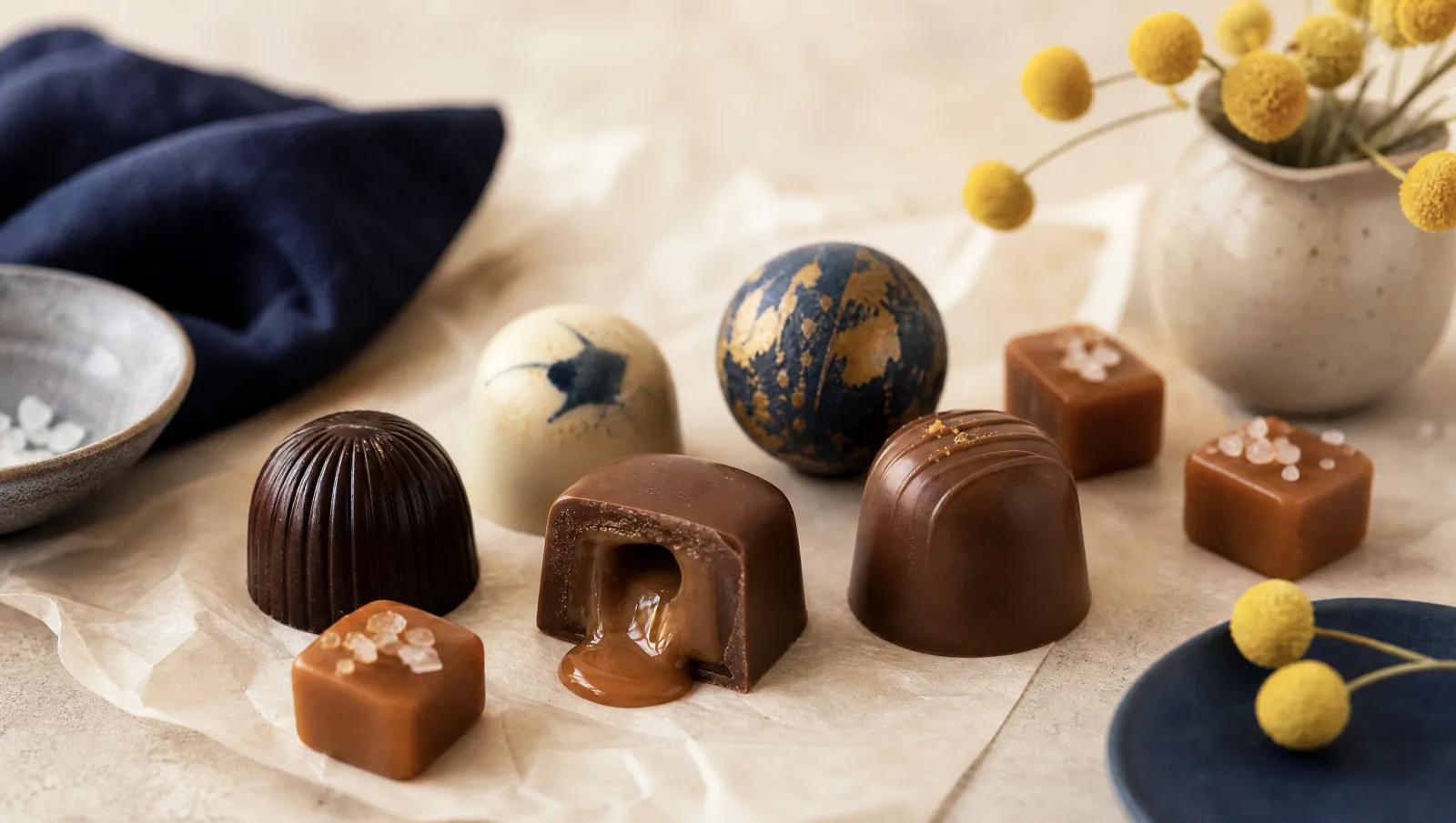 Soft caramels and bonbons, one cut open to show the flowing centre.
