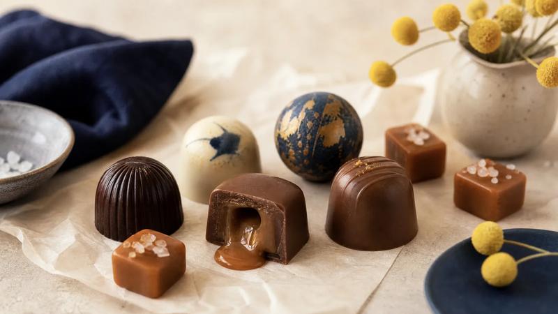 Soft caramels and bonbons, one cut open to show the flowing centre.