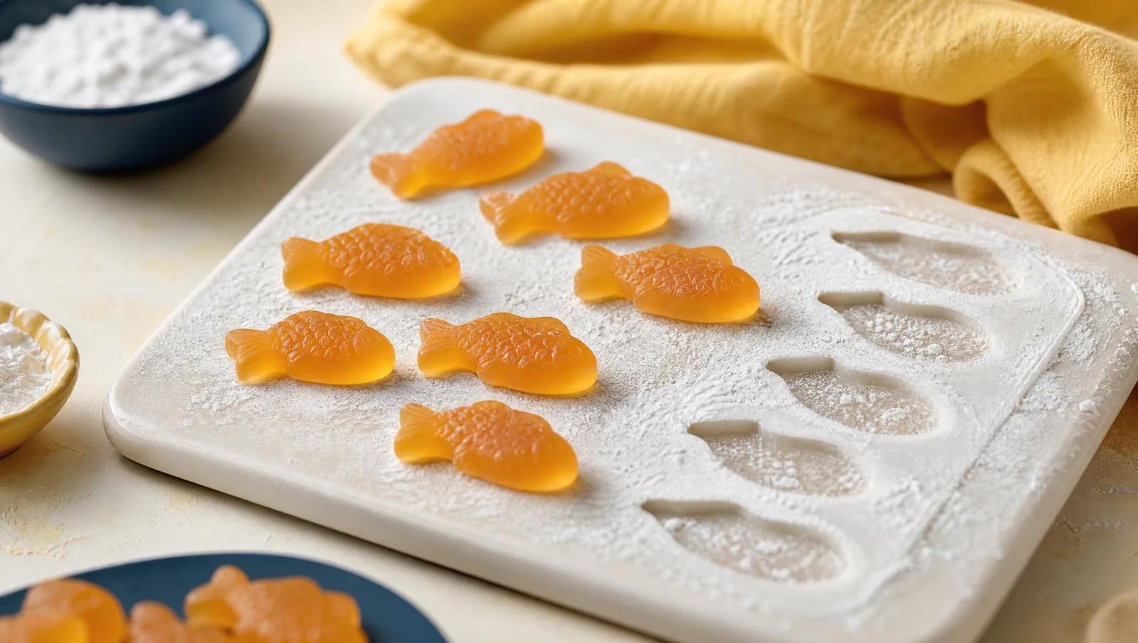 Fish-shaped gummies on a starch-dusted tray, one row still in moulded impressions.