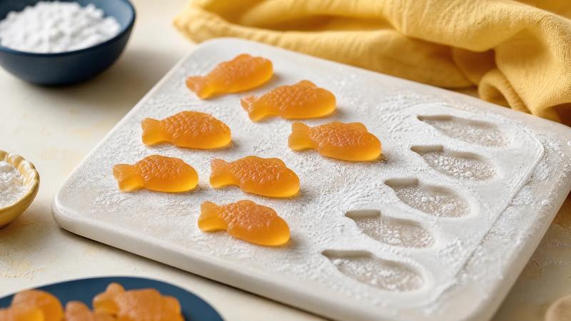 Fish-shaped gummies on a starch-dusted tray, one row still in moulded impressions.