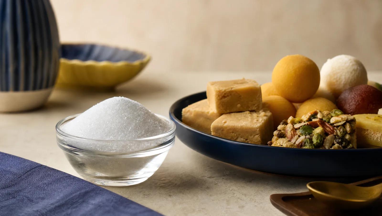 Sugar in a small glass bowl beside assorted sweets, plain comparative still life.
