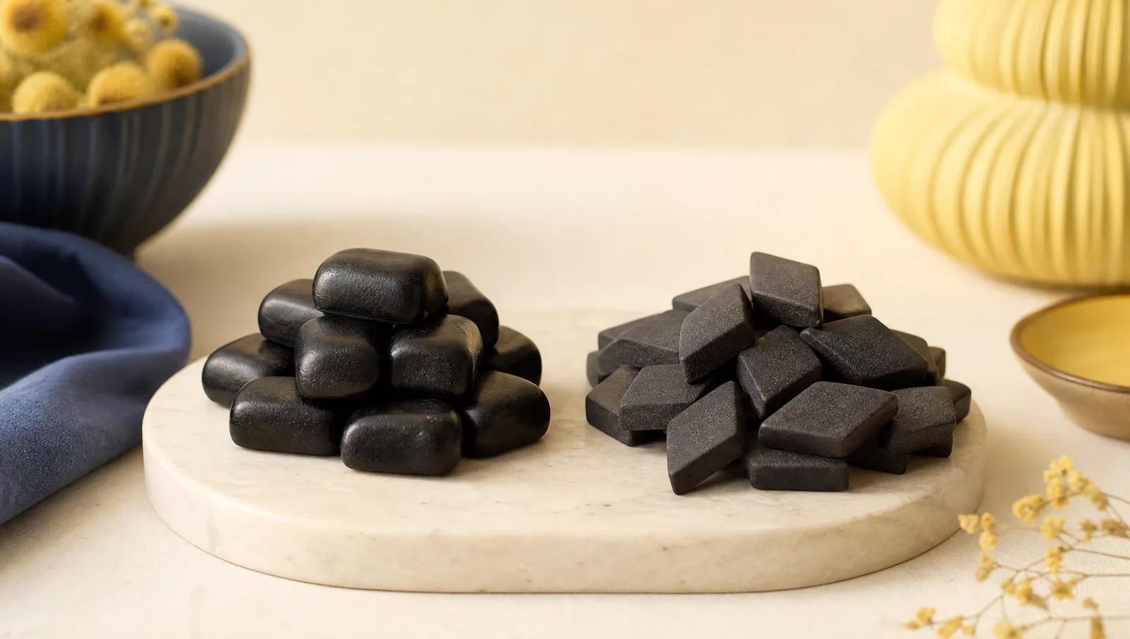 Two groups of licorice side by side, soft pillowy blocks versus small matte diamonds.