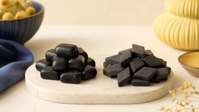Two groups of licorice side by side, soft pillowy blocks versus small matte diamonds.