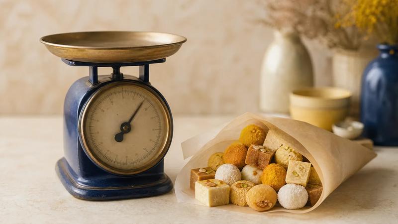 Weighing scale beside a paper scoop of mixed sweets on a cream counter.