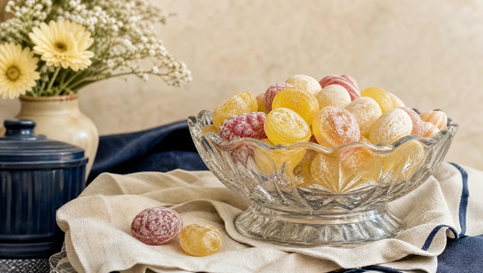 Traditional boiled sweets and pastilles in a vintage glass dish with linen.