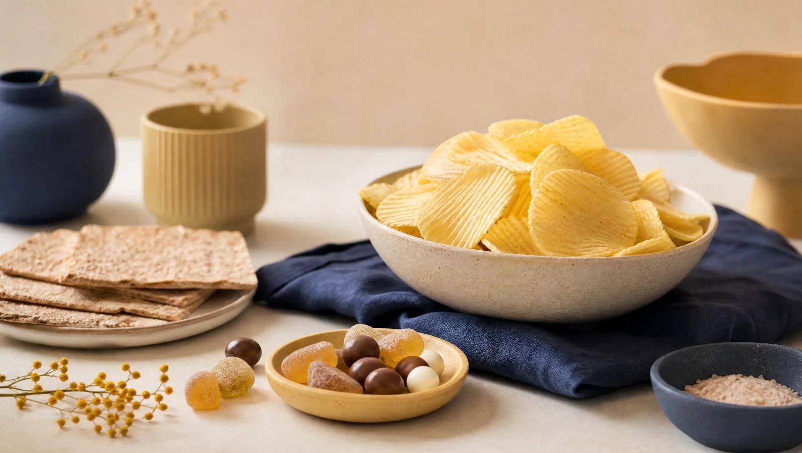 Savoury crisps, crispbread and a few sweets arranged together on a cream table.