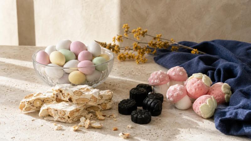 Sugared almonds, almond nougat, licorice pastilles and pastel foam candies in an Italian-style still life.
