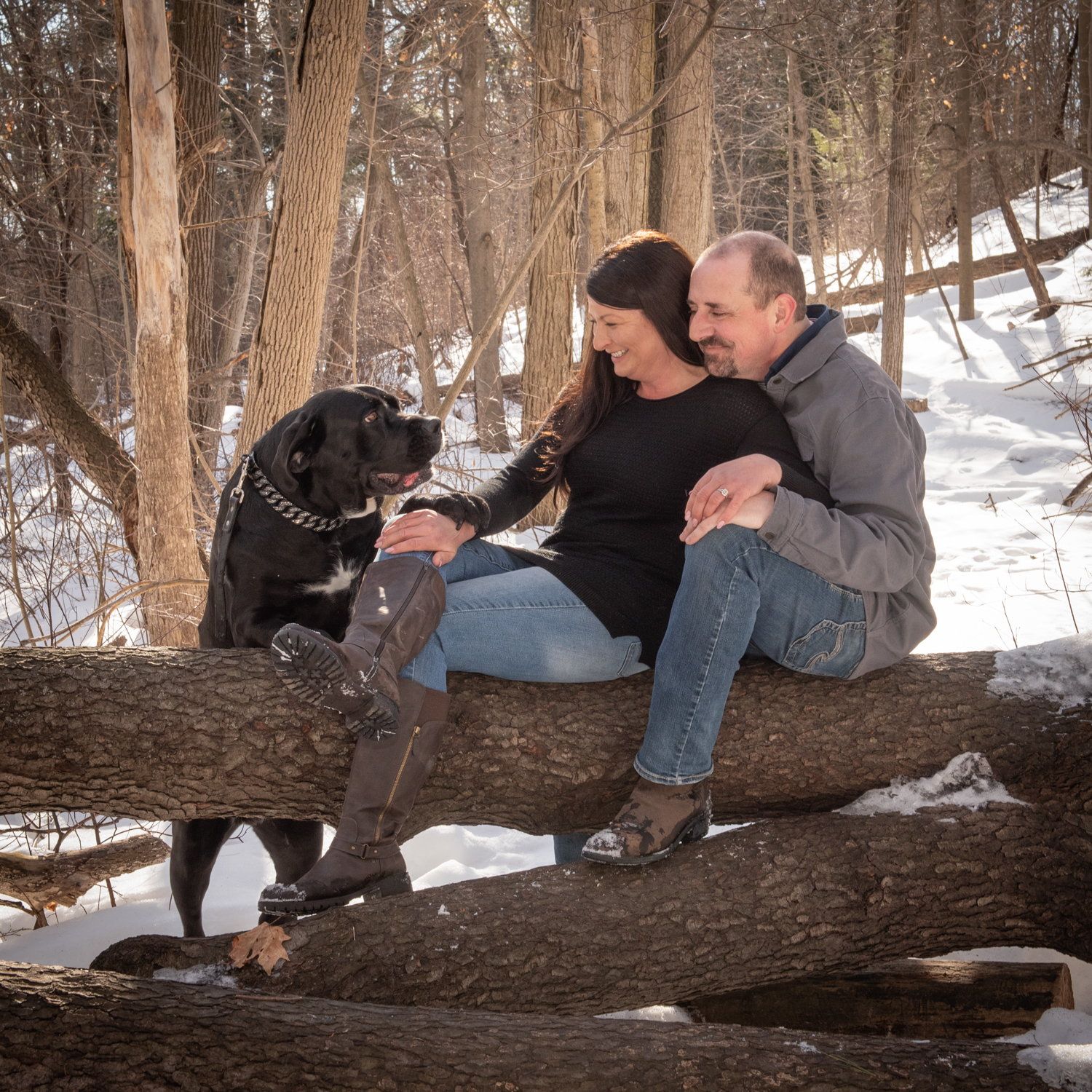 A couple sitting on a fallen log in the snow with their black labrador