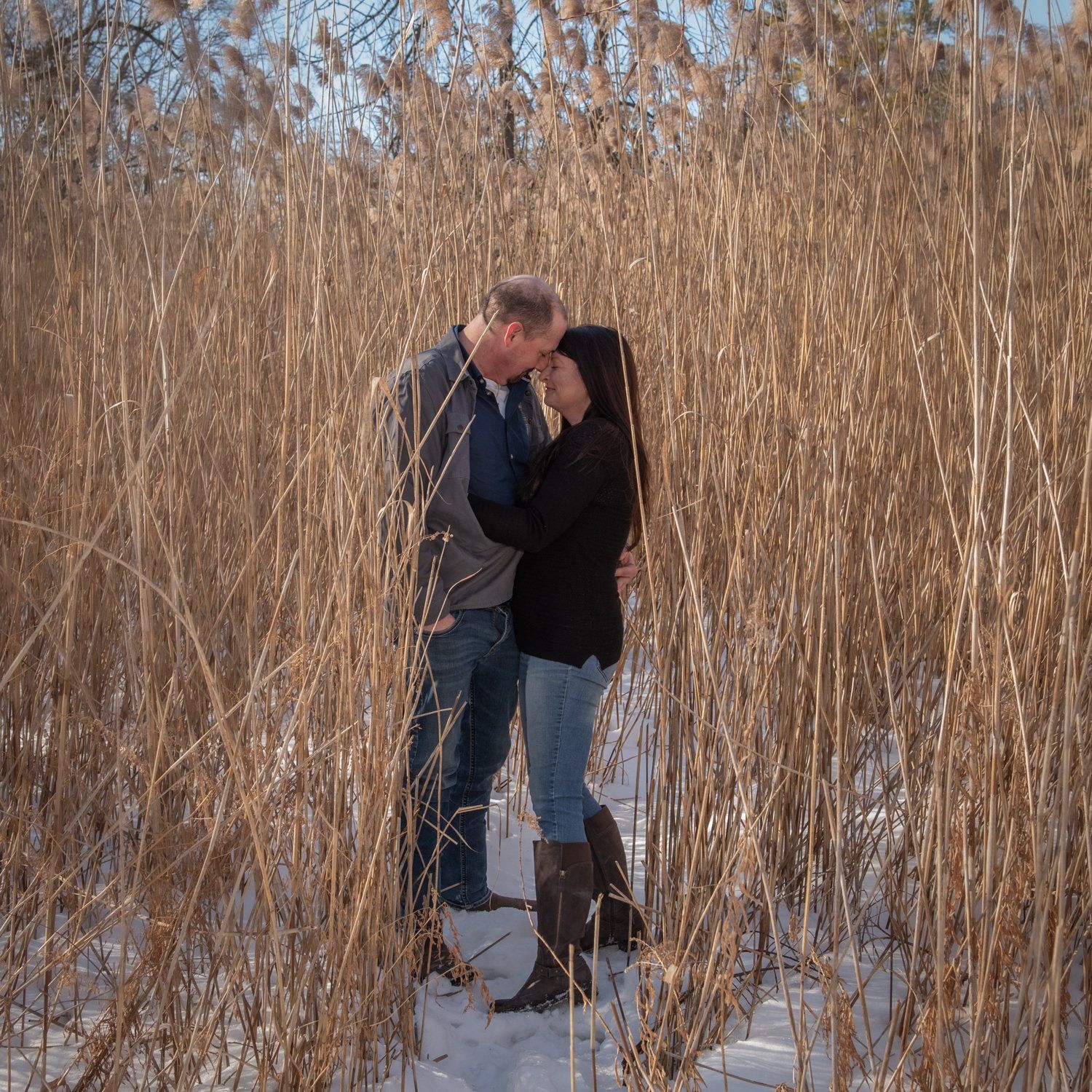 A couple holding each other in a field of tall winter reeds