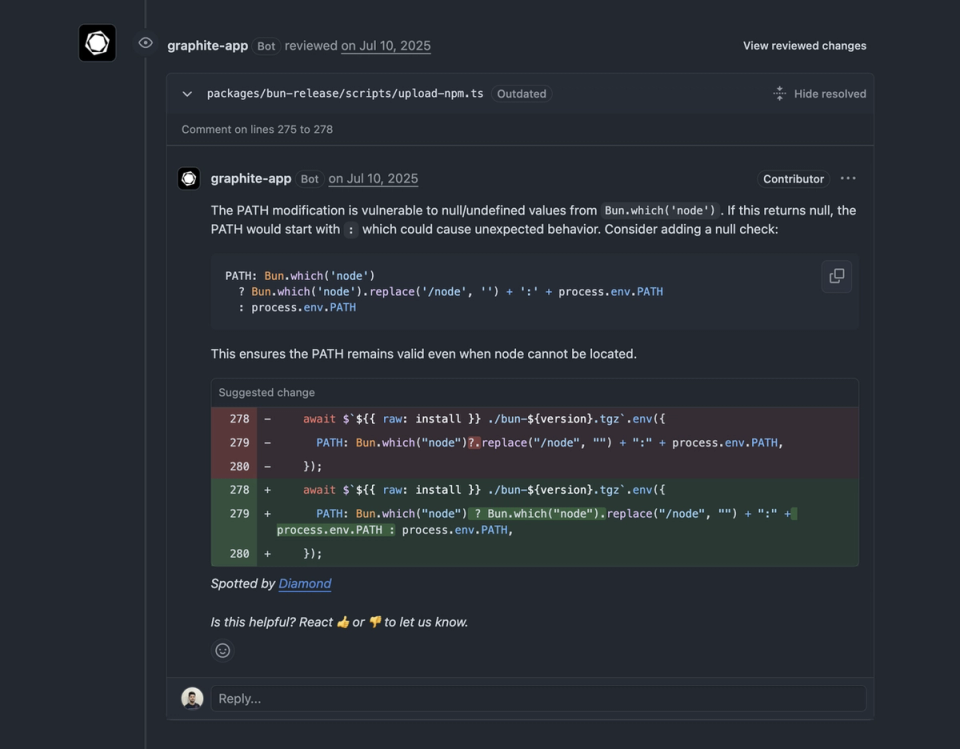 Graphite Agent PR comment flagging the bugs
