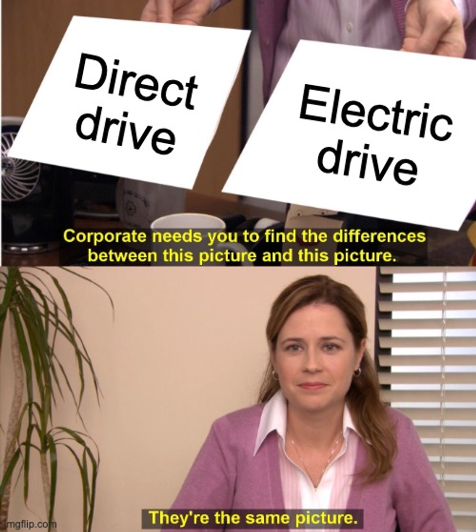 Meme shows direct and electric line-shaft drives look identical, illustrating unchanged factory workflows.